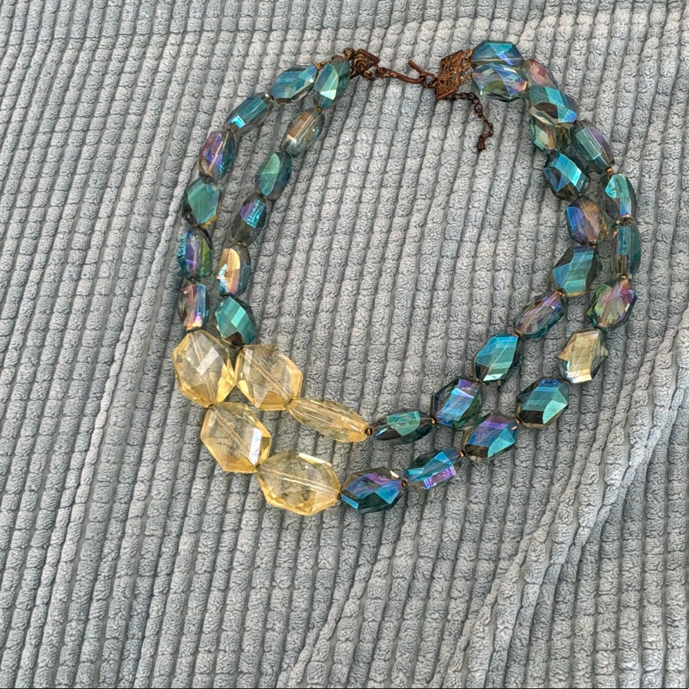 Iridescent Blue and Yellow Beaded Necklace